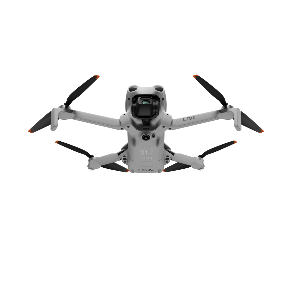 Un dron LITO XI blanco con hélices de punta naranja sobre fondo negro.