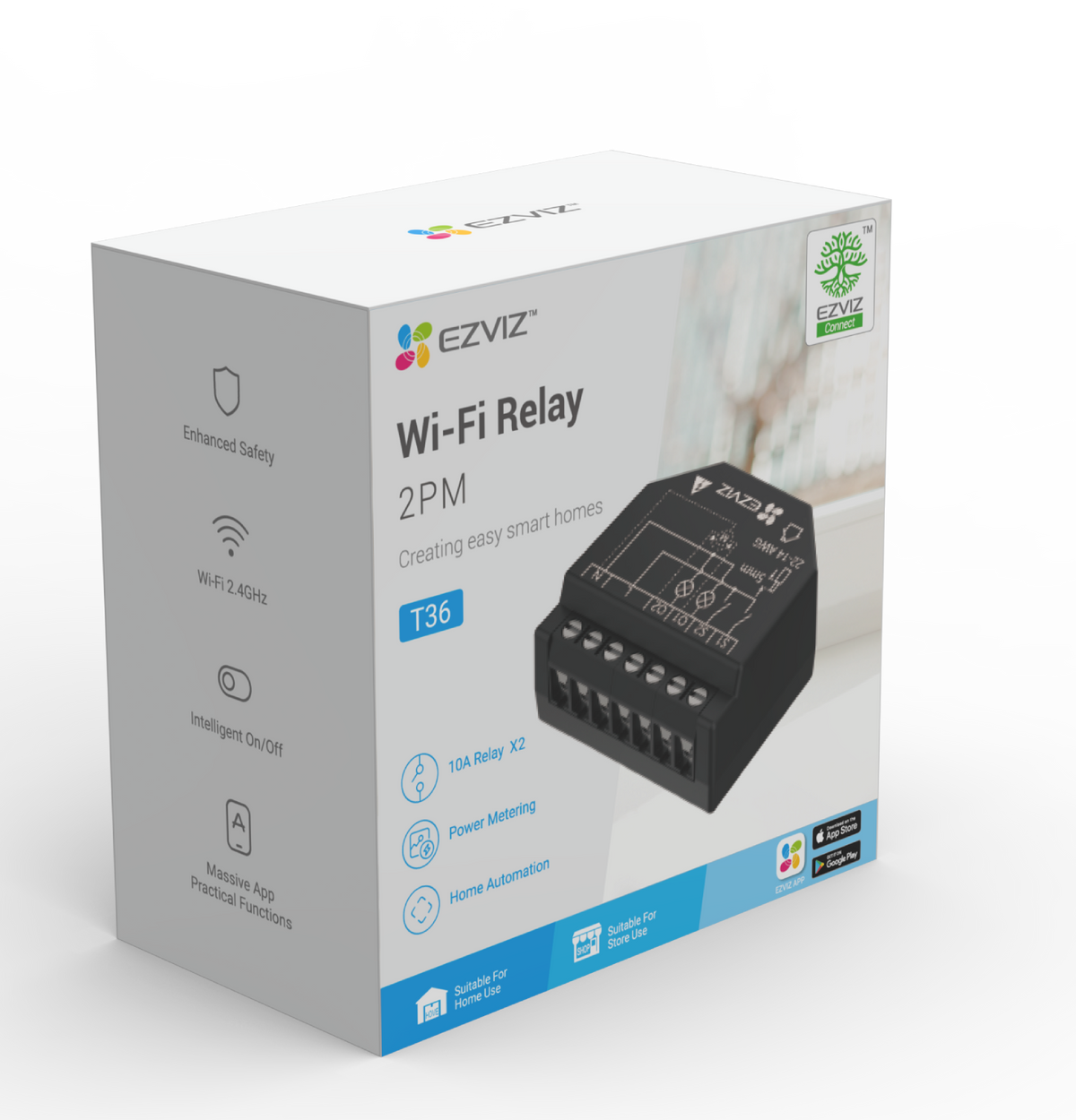 Confezione di un relè Wi-Fi EZVIZ 2PM, evidenziando caratteristiche come sicurezza avanzata e Wi-Fi 2.4GHz.
