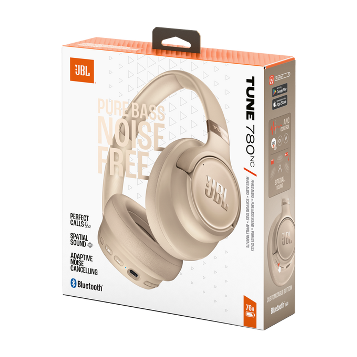 Cuffie JBL Tune 780NC beige su scatola con caratteristiche elencate.