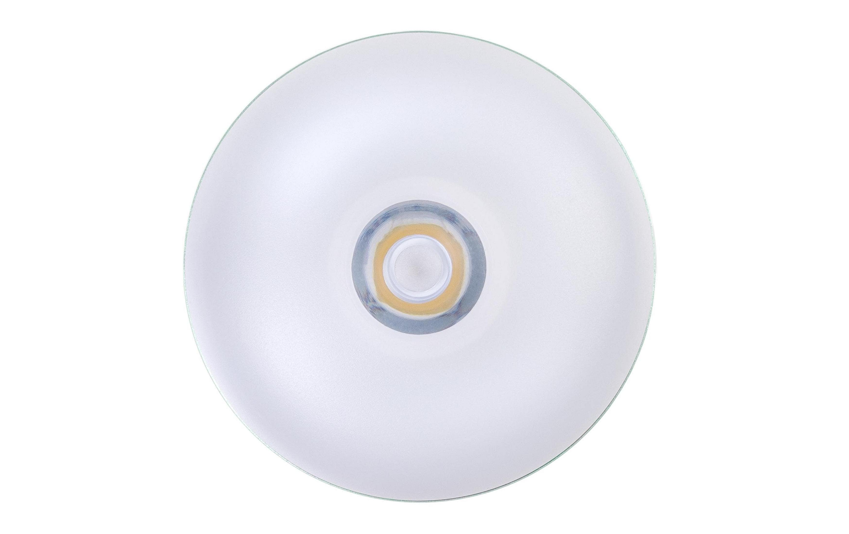 Weiße Lampe mit zentralem Leuchtmittel und blauen und gelben Ringen.