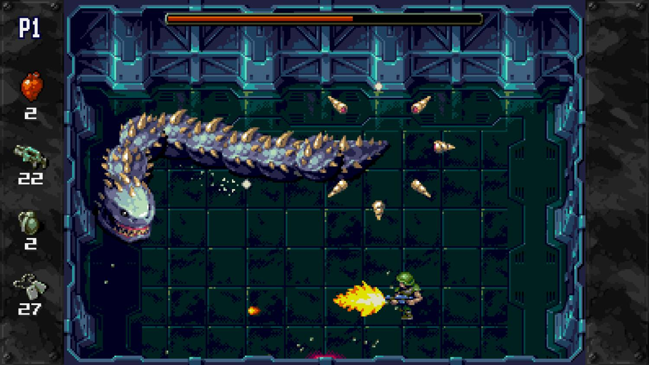 Un giocatore combatte un serpente gigante in una stanza buia.
