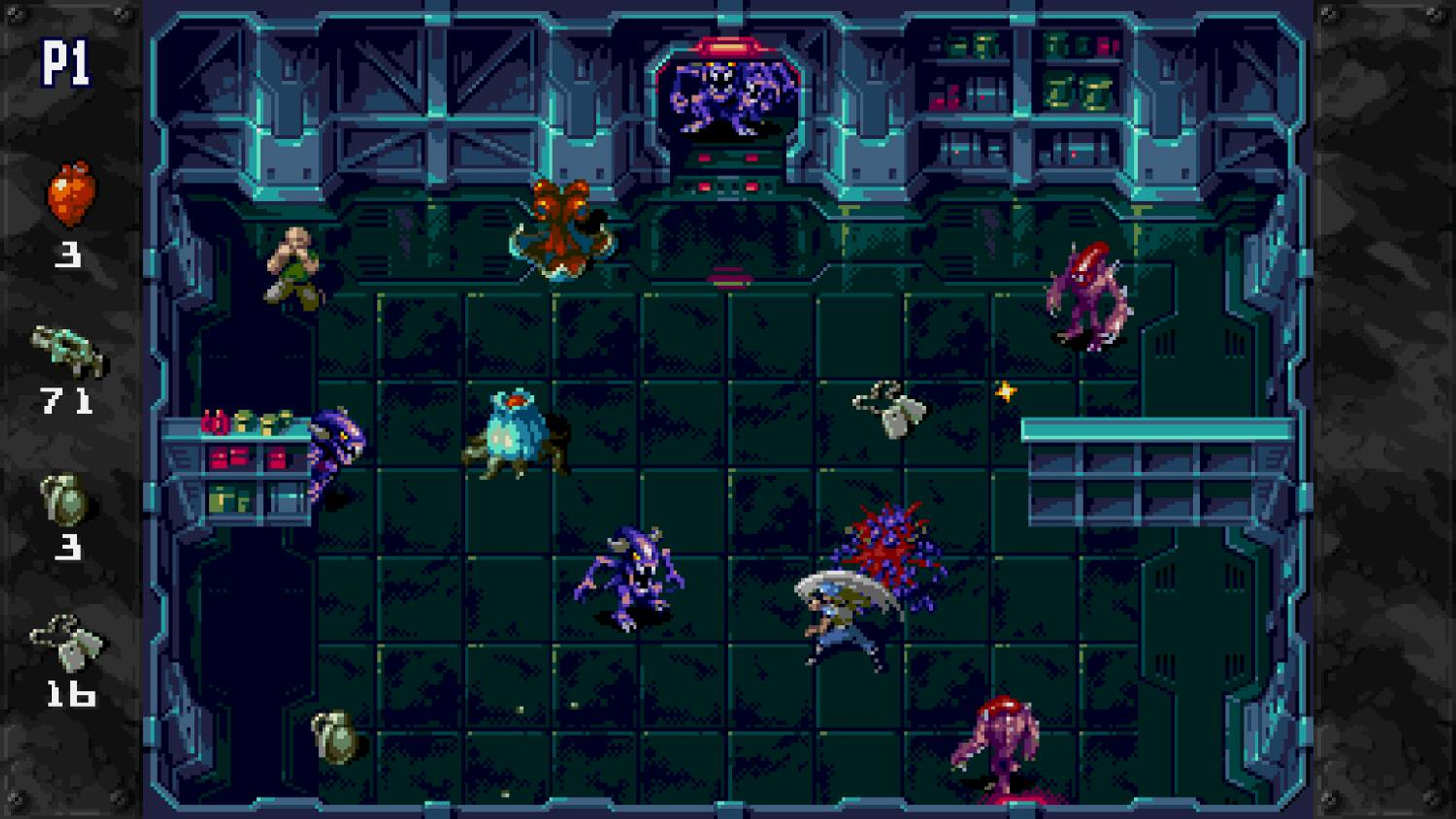 Scène de jeu pixellisée : P1, cœur, pistolet, grenades, aliens et un héros combat.