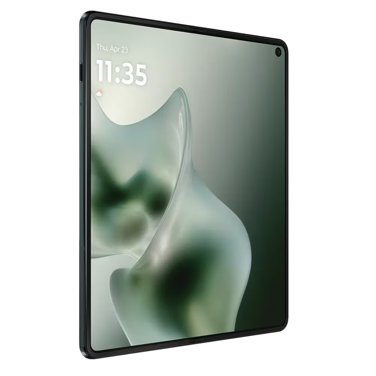 Ein faltbares Tablet mit dunklem Rahmen und einem transparenten, flüssigkeitsähnlichen Design auf dem Bildschirm.