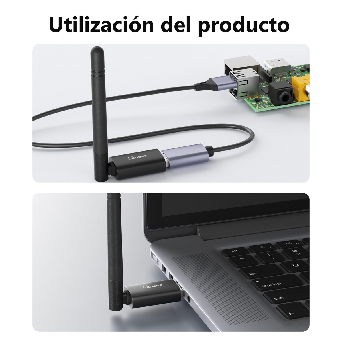 Adattatore Sonoff con antenna collegato a Raspberry Pi e laptop.