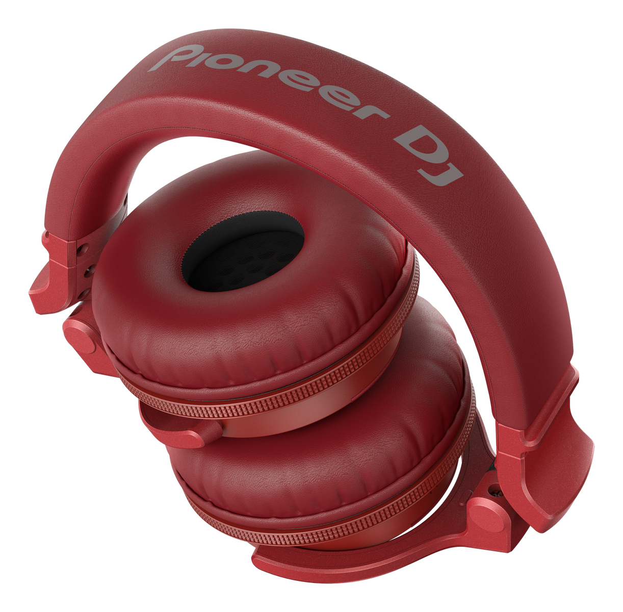 Czerwone słuchawki Pioneer DJ z wyściełanymi nausznikami i regulowanym pałąkiem.