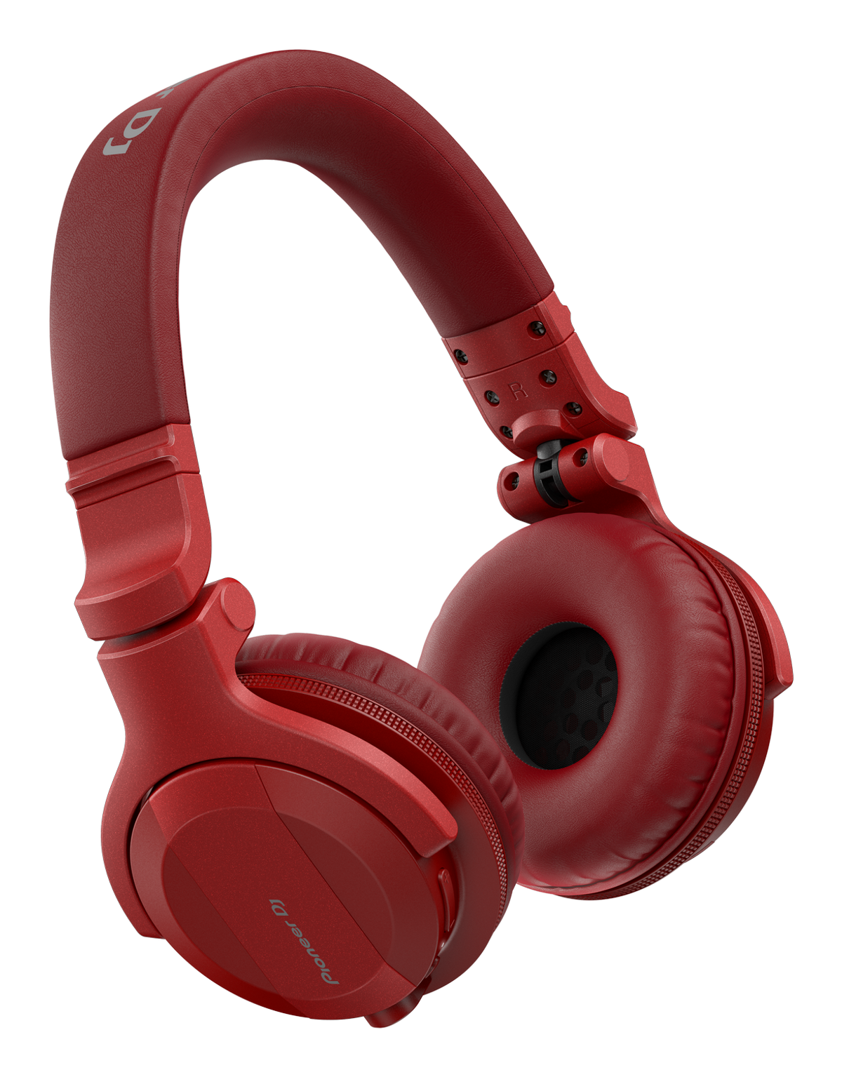 Czerwone słuchawki na czarnym tle. Logo Pioneer DJ na nauszniku.