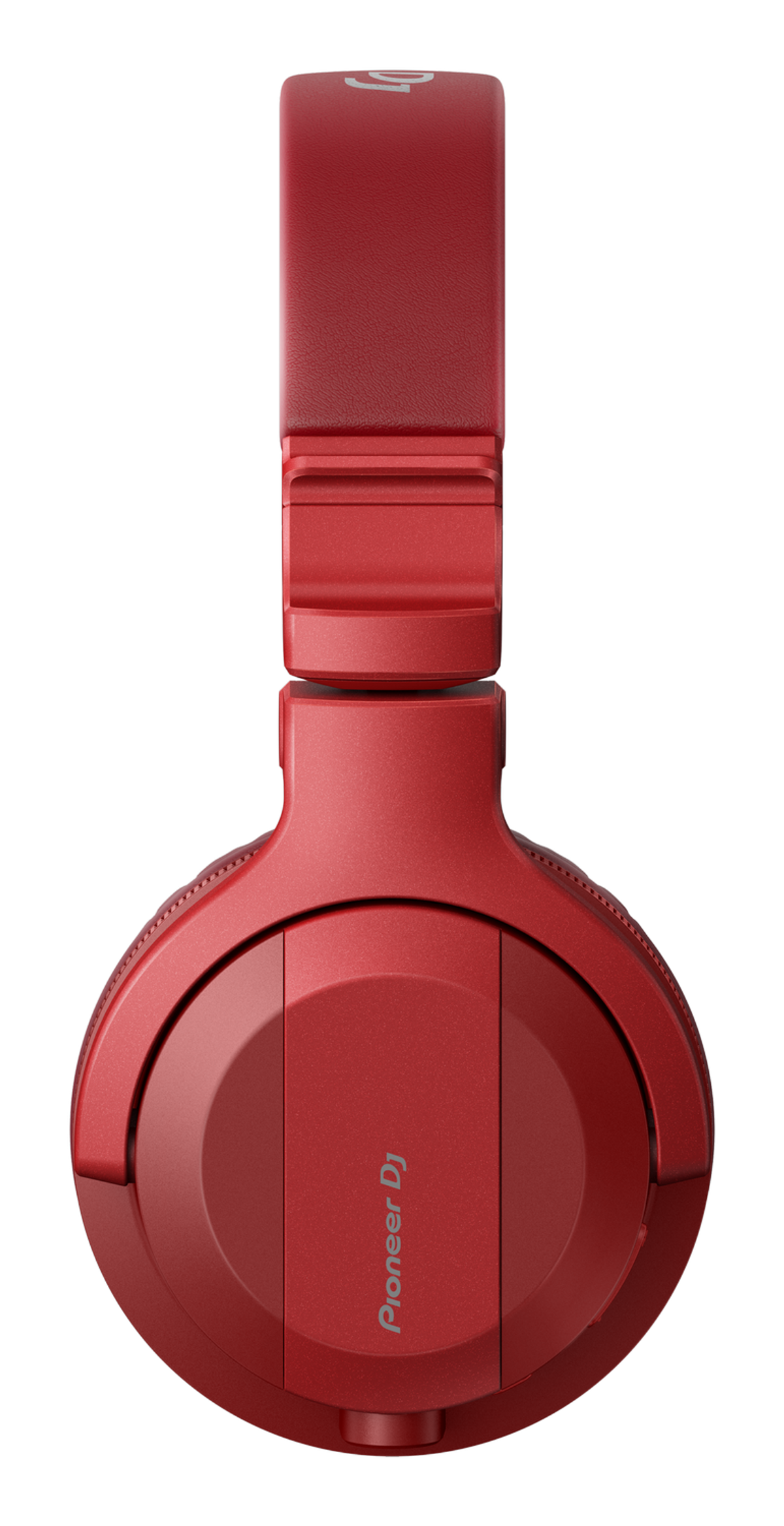 Czerwone słuchawki z srebrnym logo Pioneer DJ na czarnym tle.