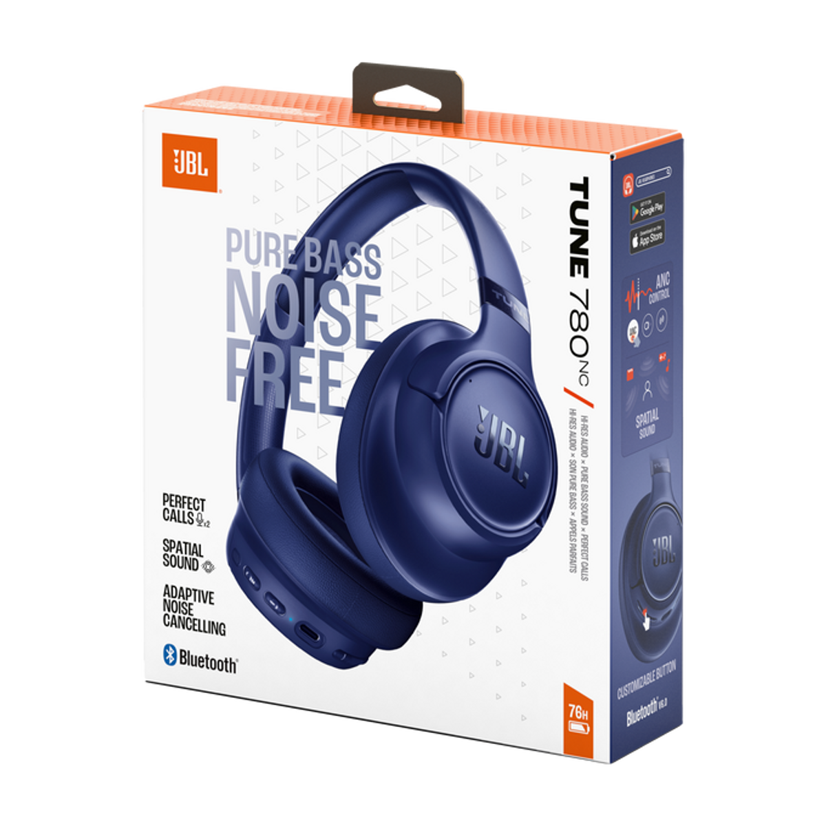 Cuffie JBL blu su scatola con testo Pure Bass Noise Free.
