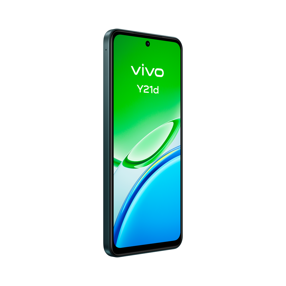 Ciemnozielony smartfon Vivo Y21d z żywym ekranem na czarnym tle.