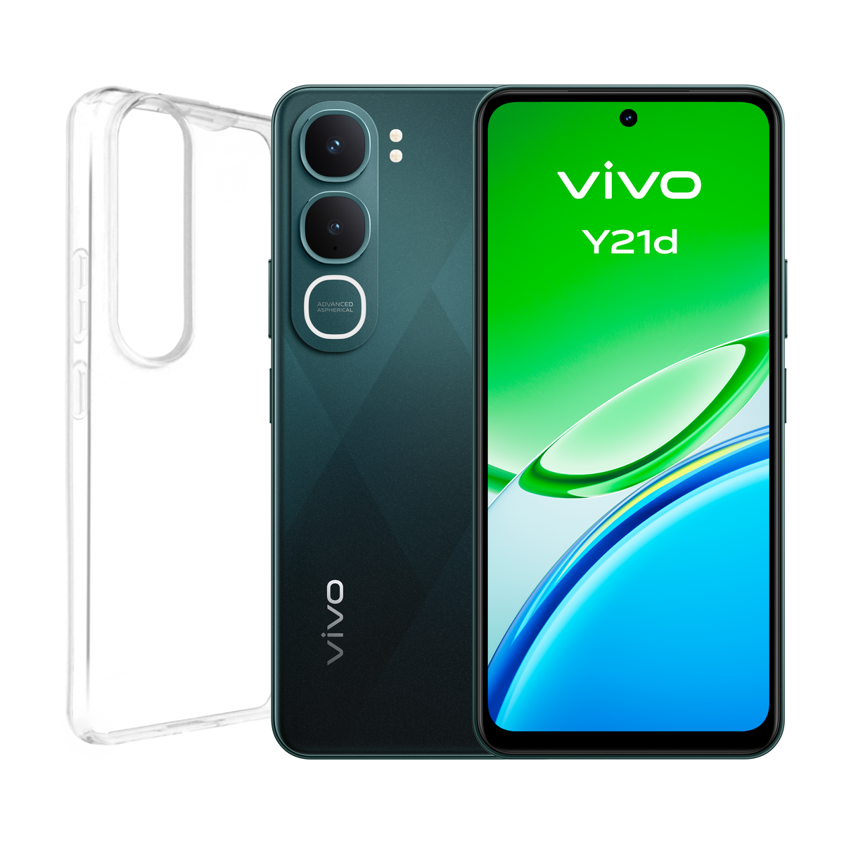 Ciemnozielony smartfon Vivo Y21d z przezroczystym etui i potrójnym aparatem.