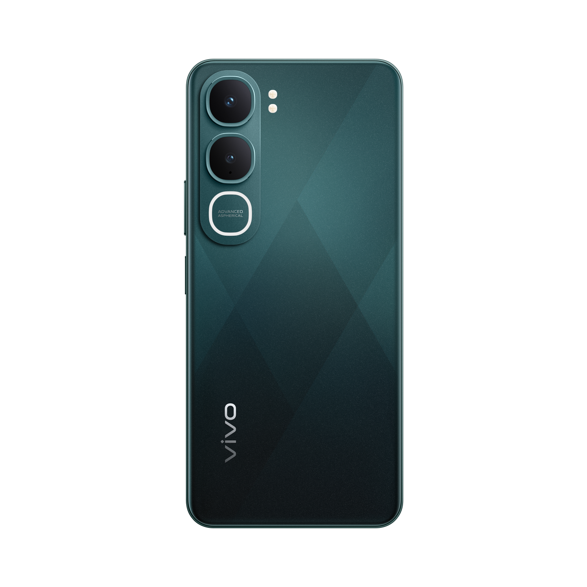 Tył ciemnozielonego smartfona z potrójnym aparatem i logo Vivo.