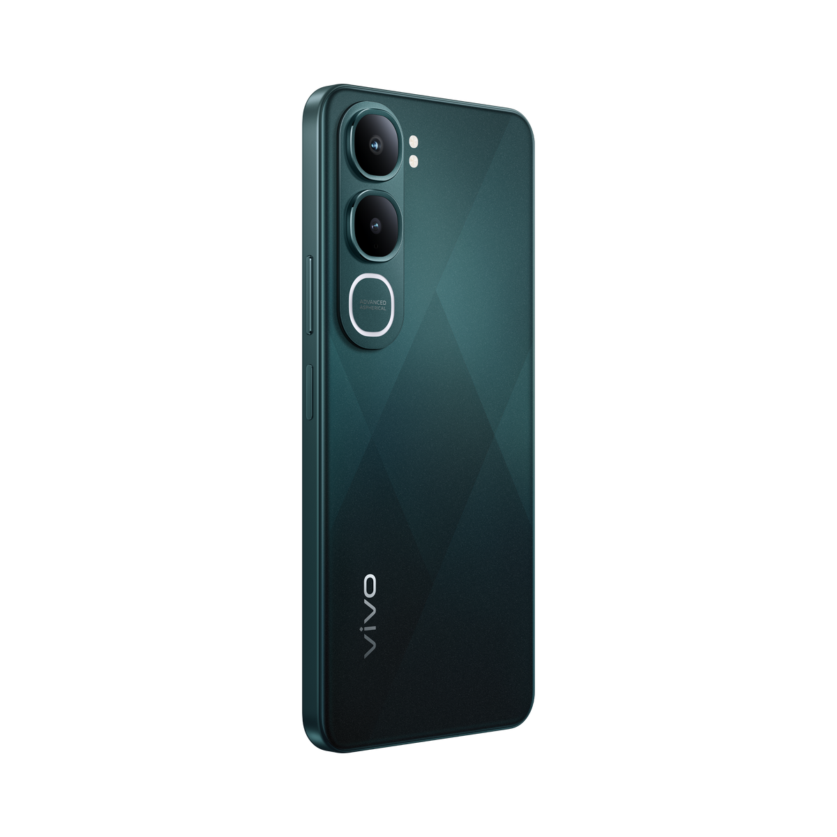 Ciemnozielony smartfon z trzema aparatami i błyszczącym logo na czarnym tle.