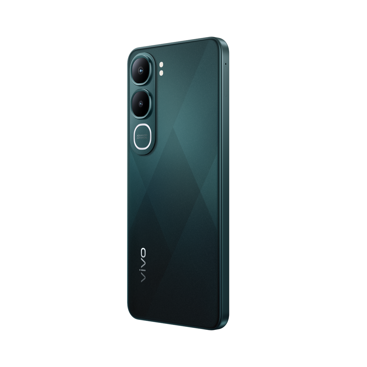 Ciemnozielony smartfon z potrójnym aparatem i logo Vivo na czarnym tle.