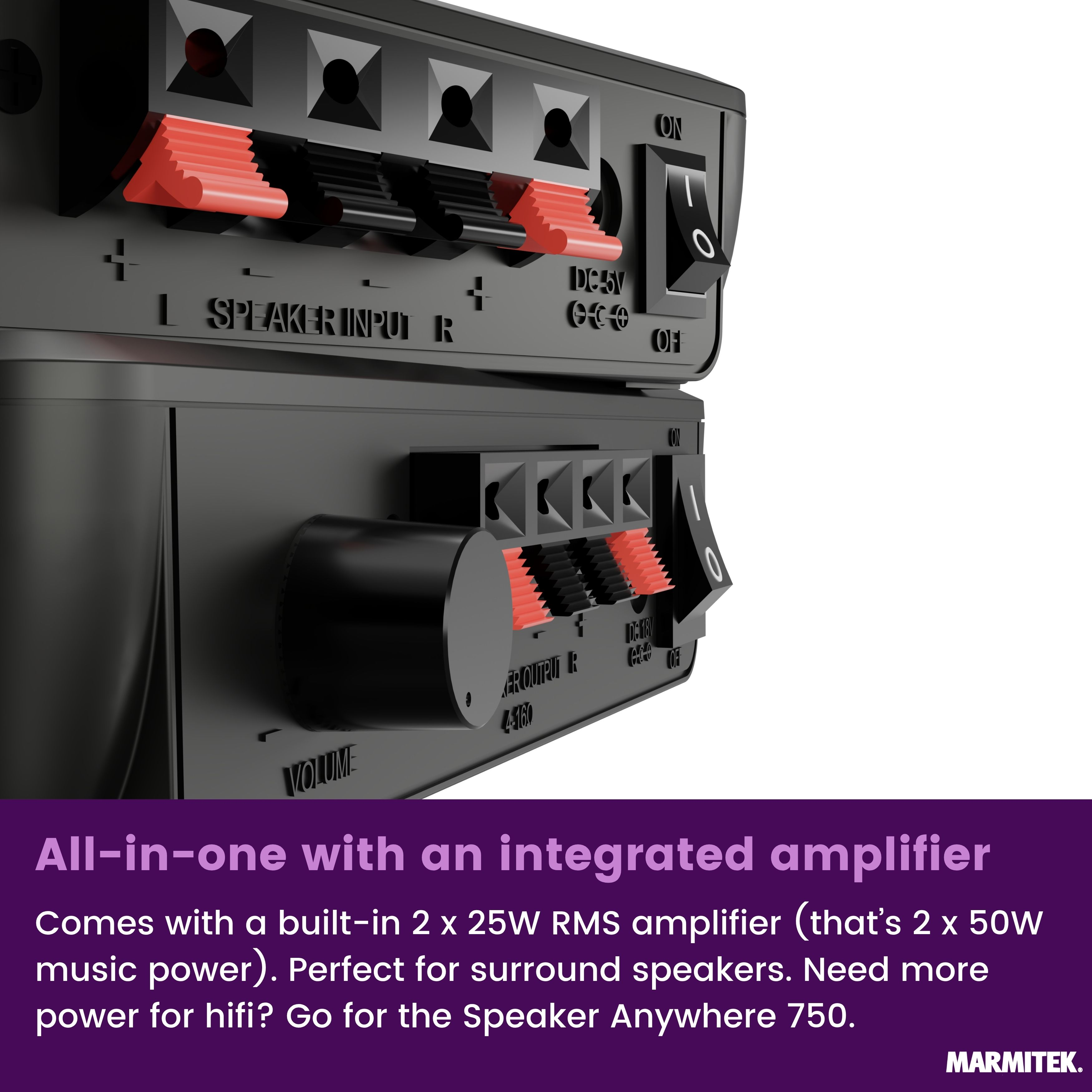 Close-up of a black amplifier with red and black speaker terminals.