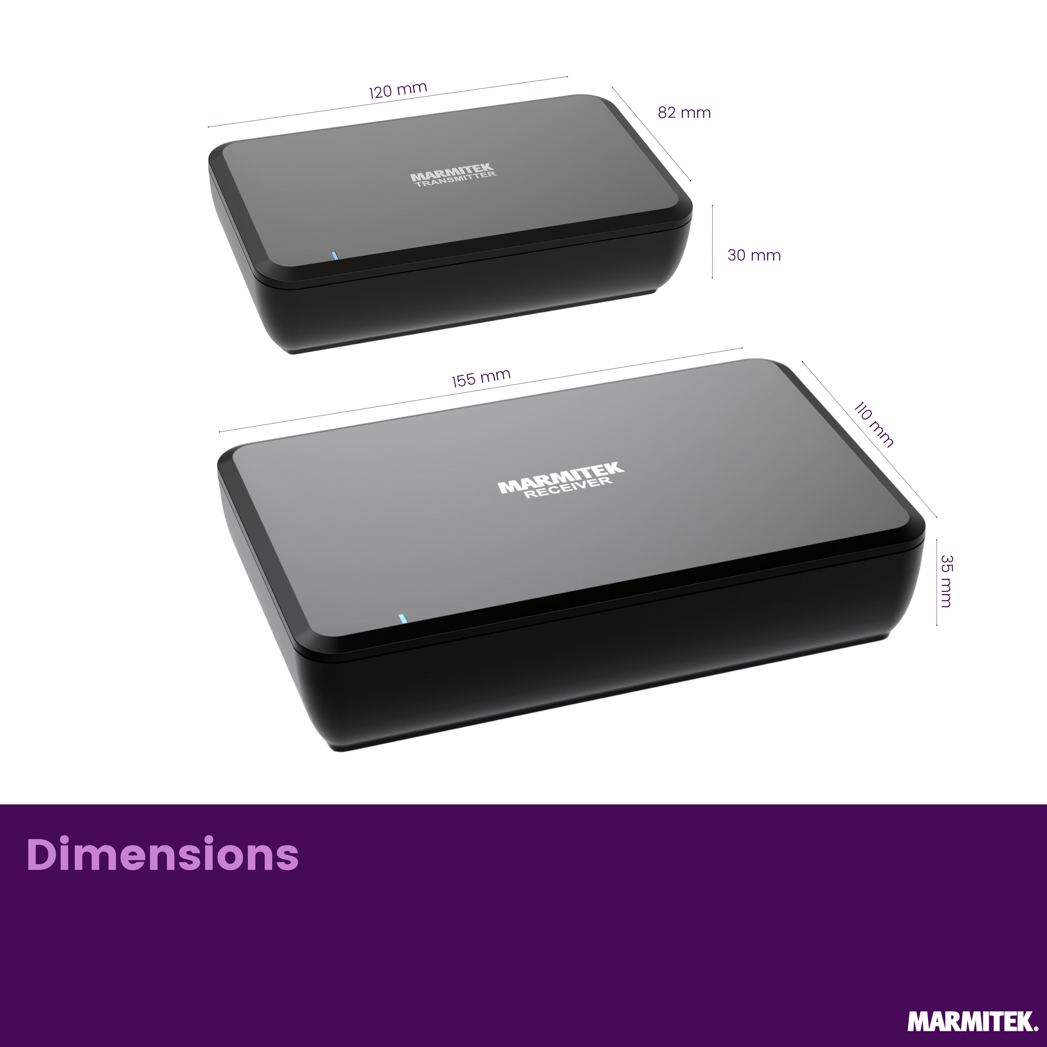 Two black Marmitek boxes with dimensions. A small transmitter, a larger receiver.