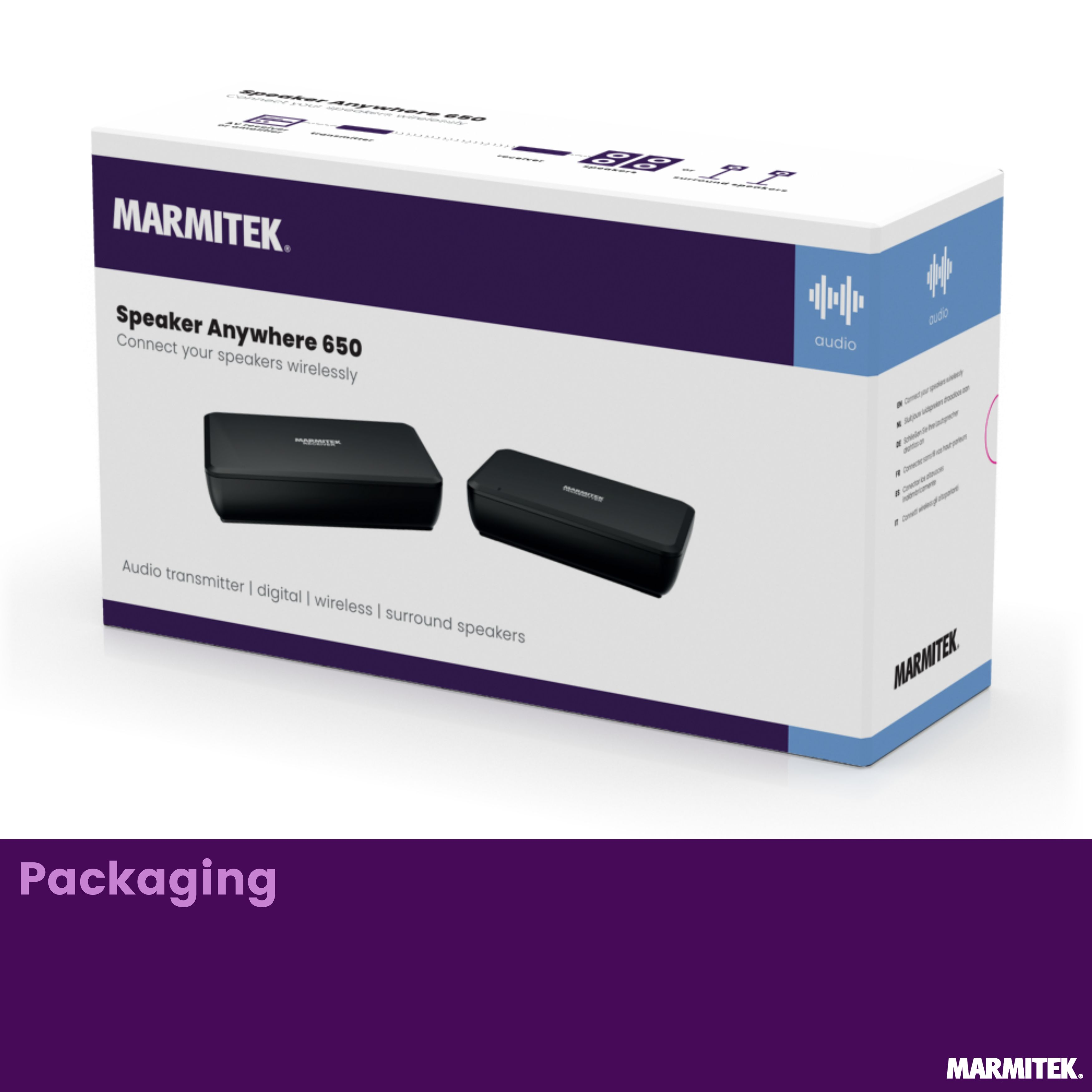 Marmitek Speaker Anywhere 650 packaging with two black audio devices.