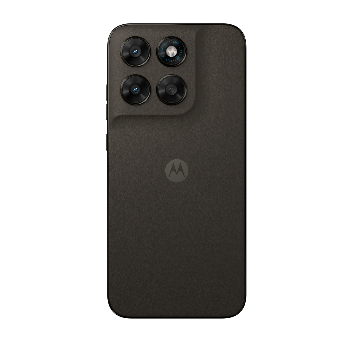 Achterkant van een donkere Motorola smartphone met vier camera's en een M-logo.