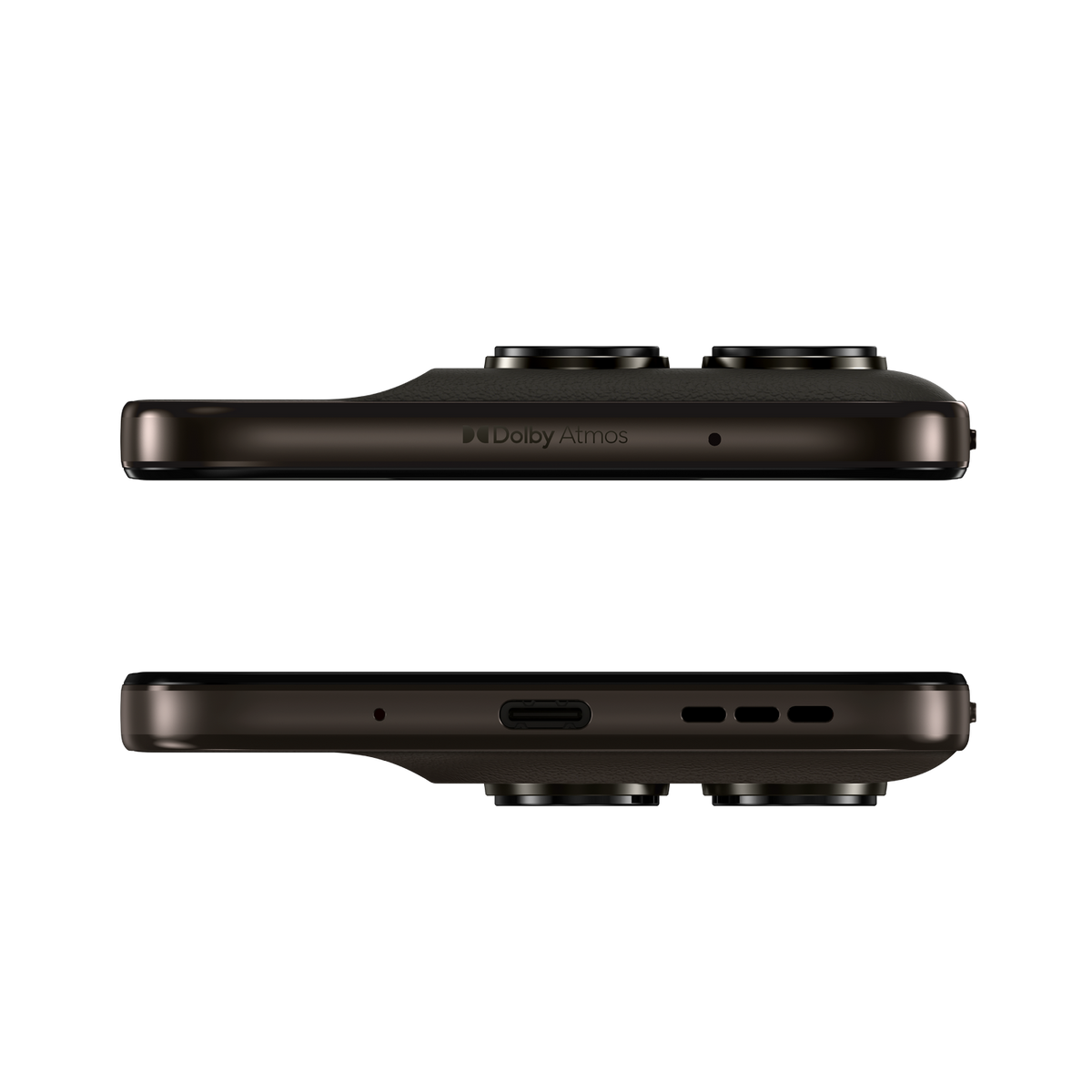 Twee weergaven van een donkere smartphone met Dolby Atmos en cameralenzen.
