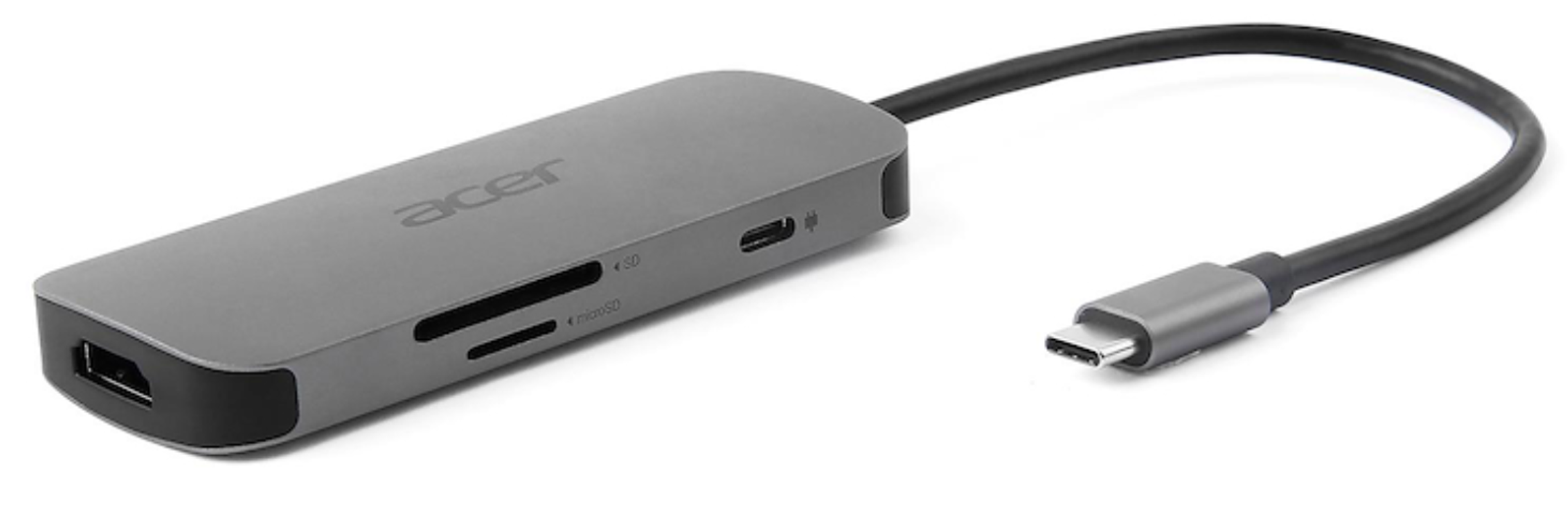 Hub USB-C gris Acer con ranuras SD/microSD, HDMI y conector USB-C.