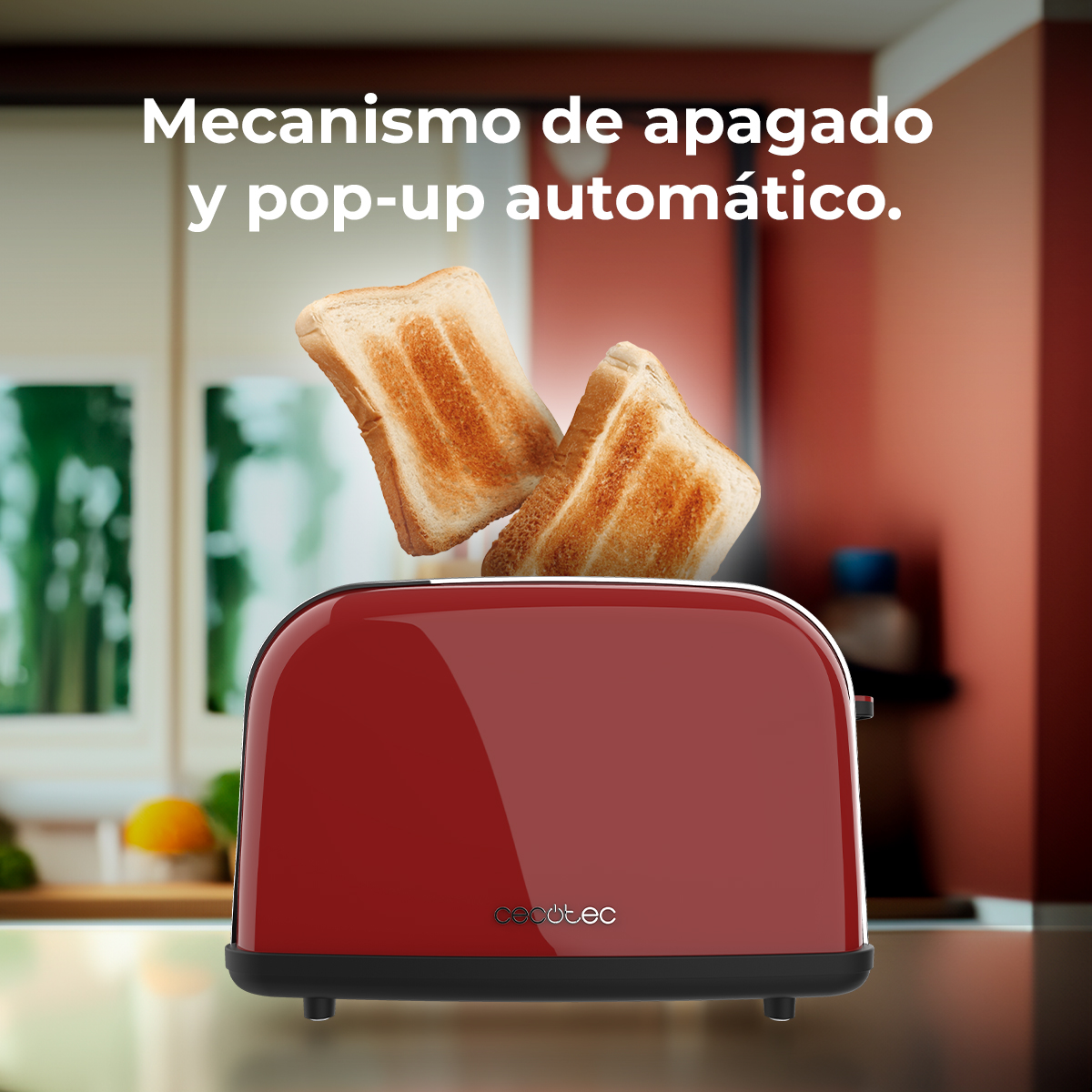 Una tostadora roja con dos rebanadas de pan tostado saliendo.
