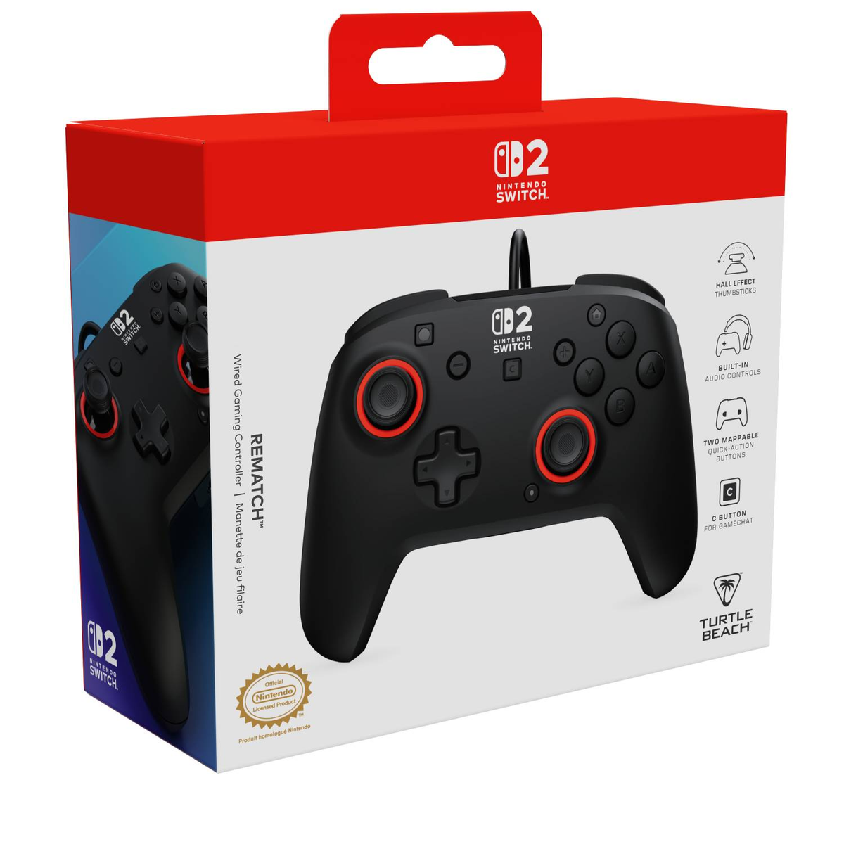 Verpackung eines schwarzen Nintendo Switch Controllers mit roten Akzenten.