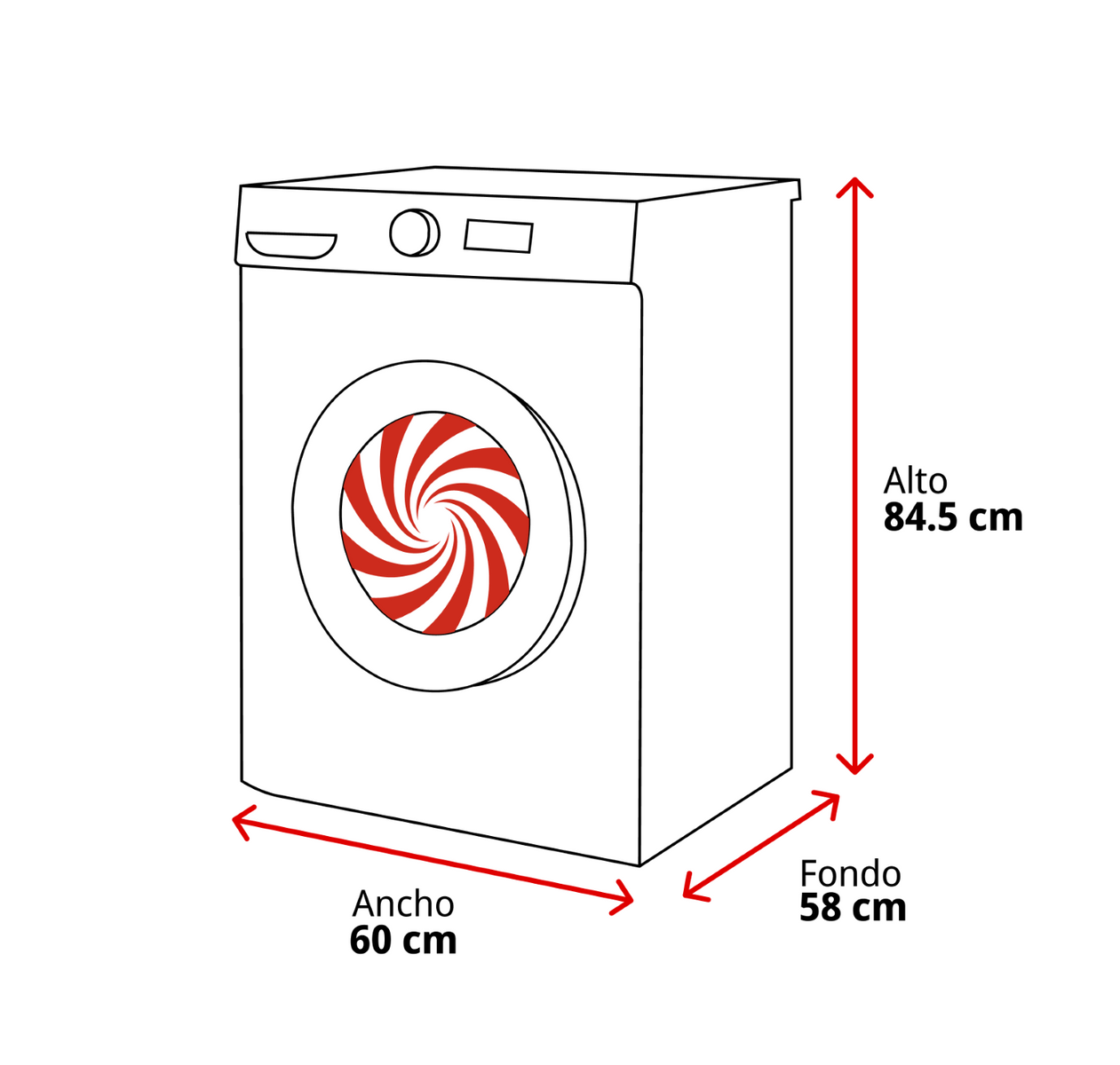 Lavatrice con strisce rosse e bianche sulla porta. Dimensioni: 84,5 cm A, 60 cm L, 58 cm P.