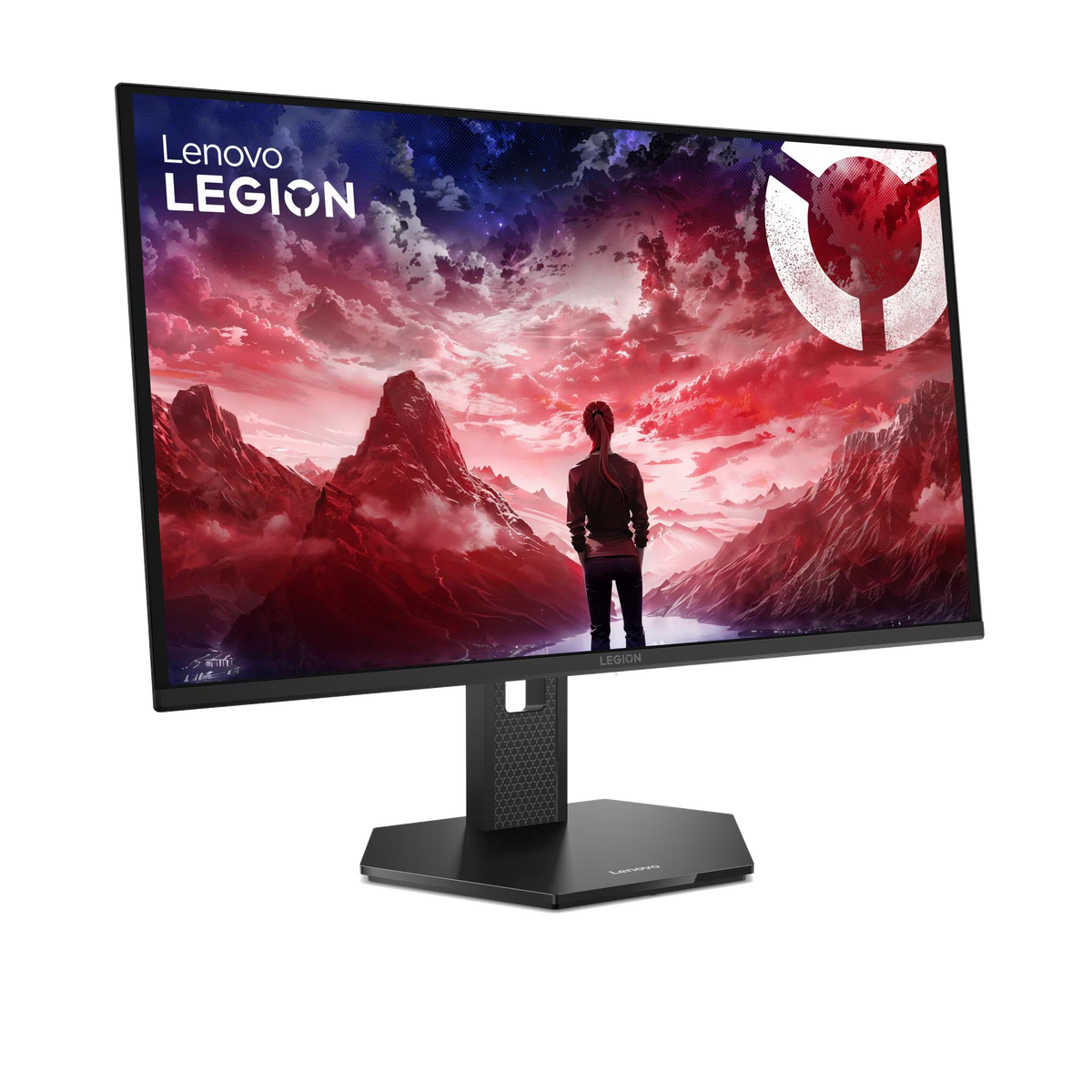 Monitor Lenovo Legion wyświetla osobę patrzącą na dramatyczny krajobraz górski.
