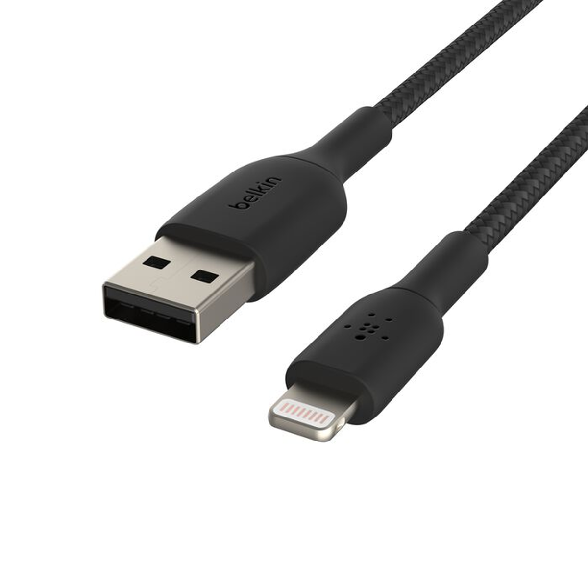 Câble Belkin noir de USB à Lightning avec cordon tressé en tissu.