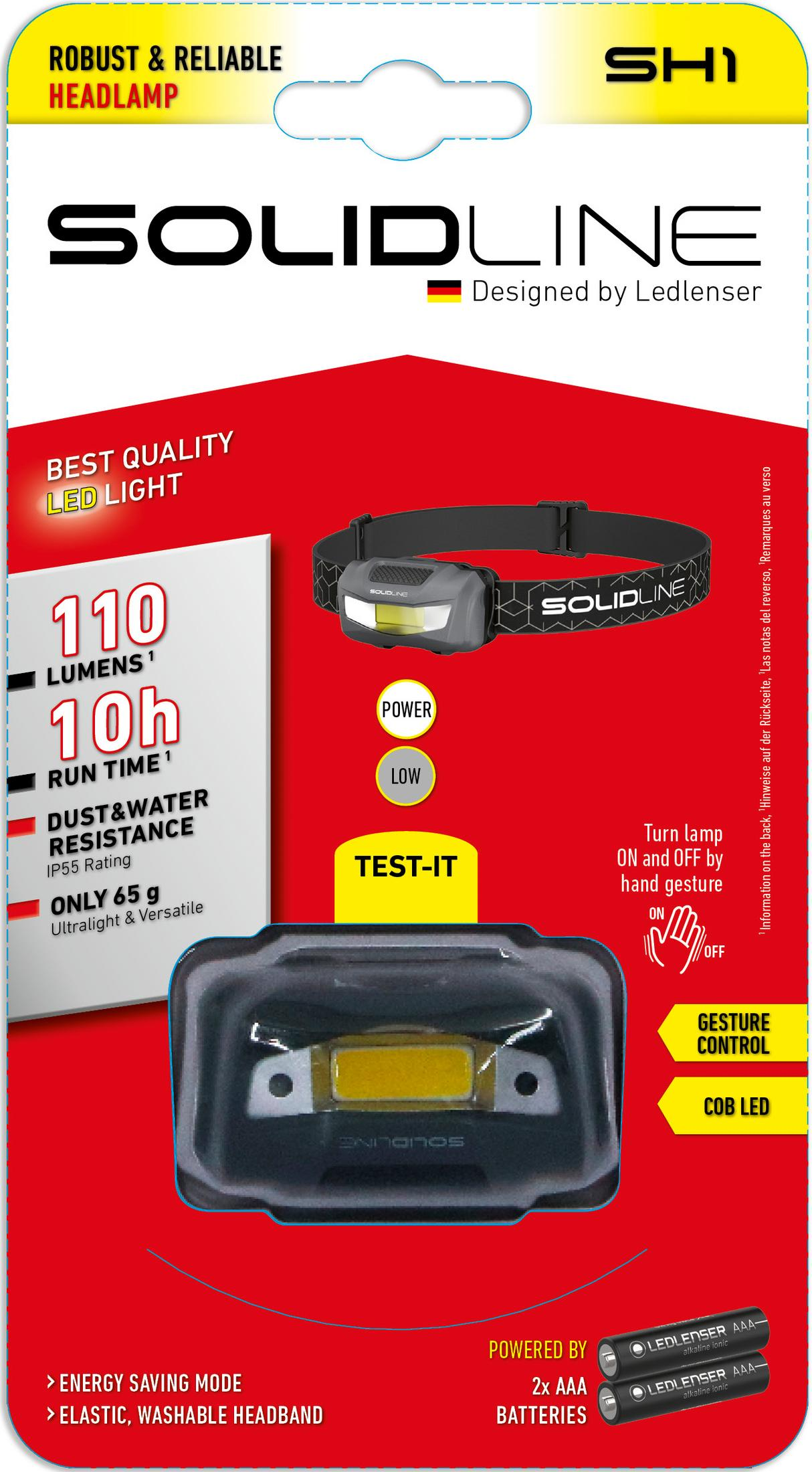 Verpackung einer grauen Stirnlampe mit gelbem Licht, 110 Lumen, IP55, 65g.