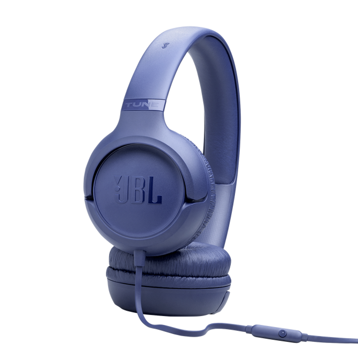 Blauwe JBL-koptelefoon met kabel en de tekst 