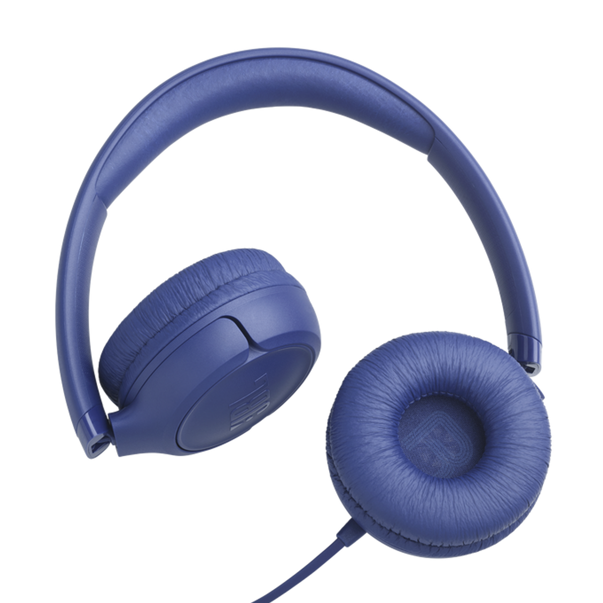Blauwe koptelefoon met gevoerde oorschelpen en hoofdband.