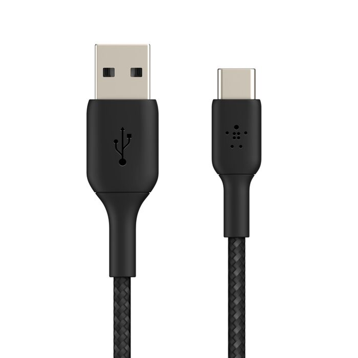Zwarte USB-A naar USB-C kabel met gevlochten stof en logo's.