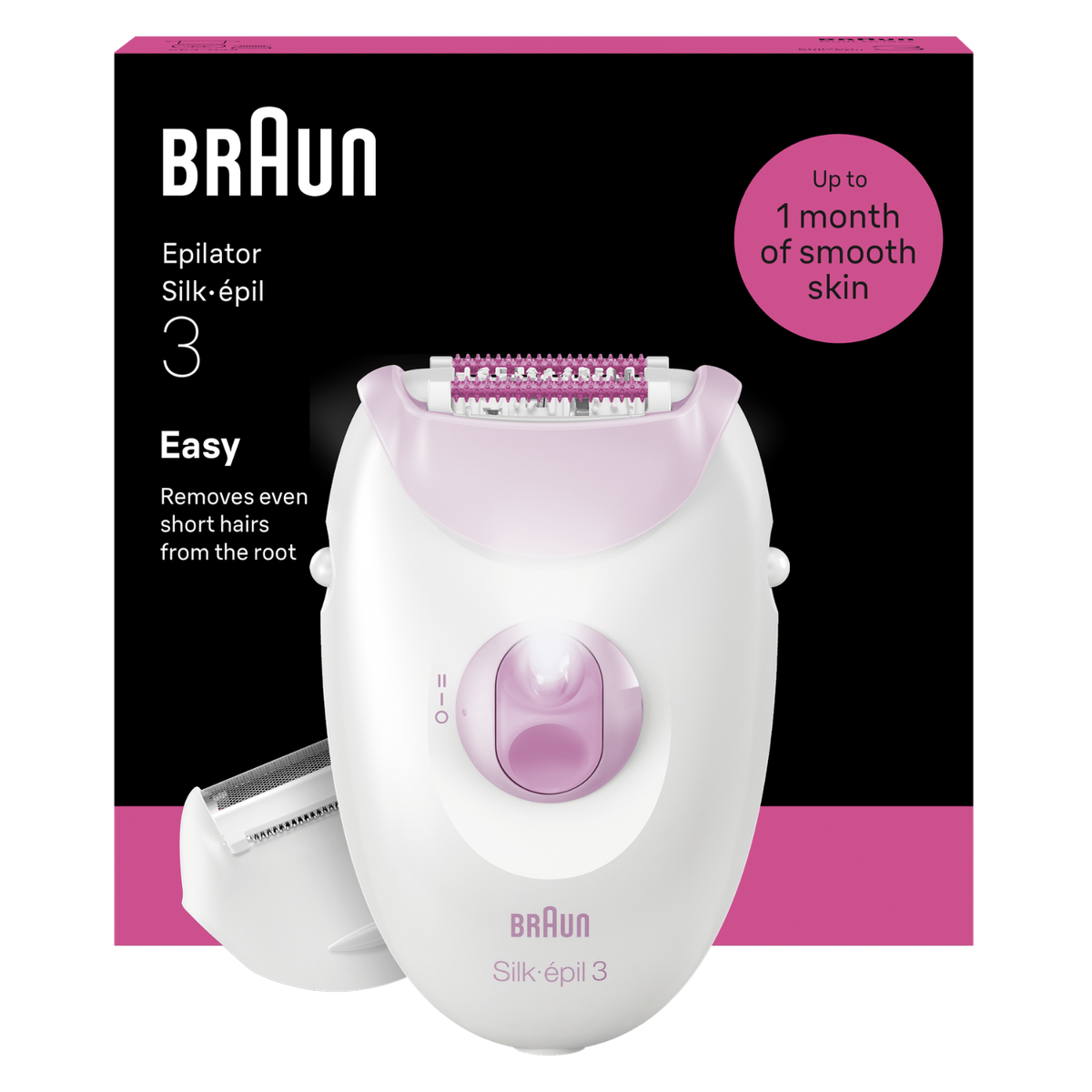 Ein weißer Braun Silk-épil 3 Epilierer mit pinken Akzenten und einem Aufsatz.