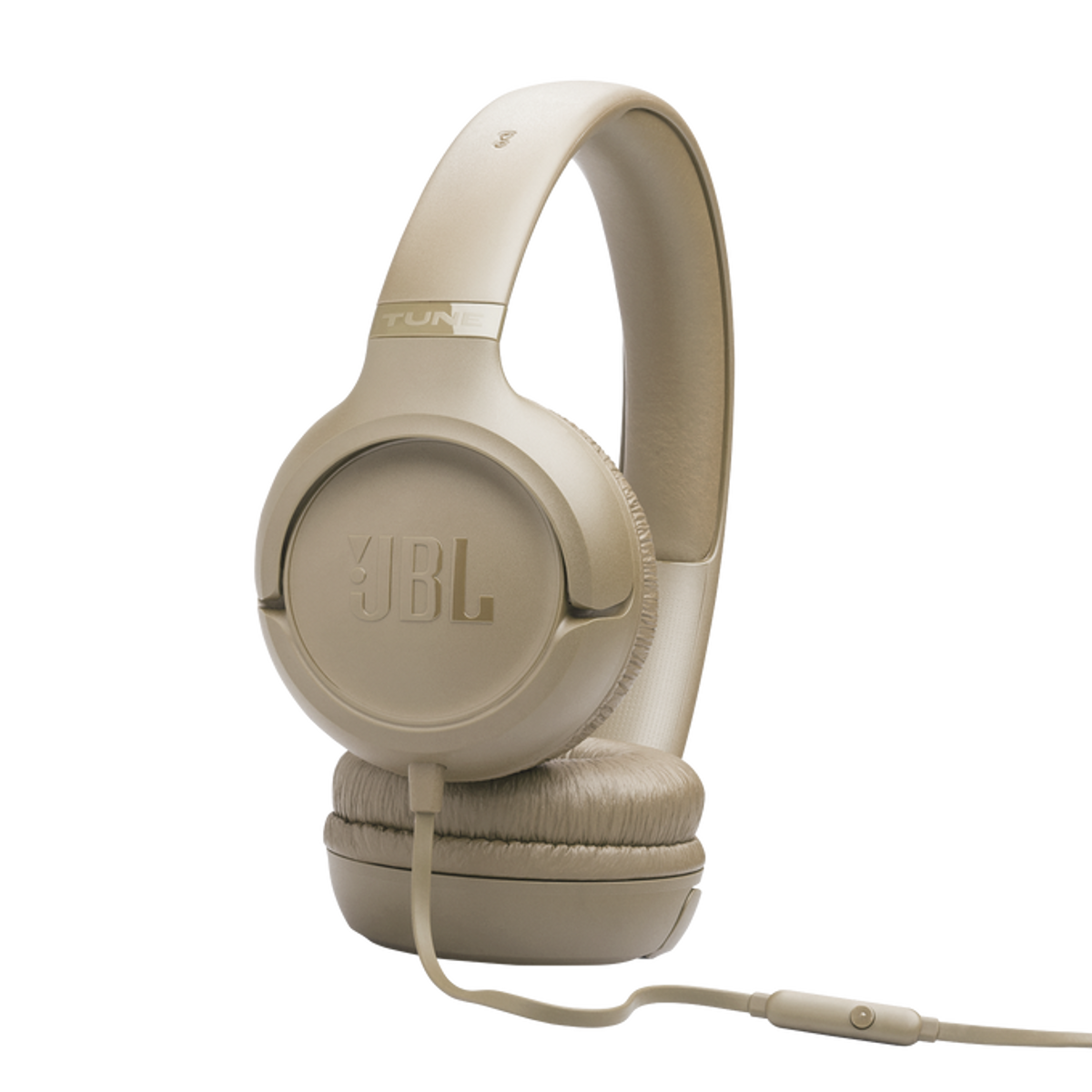 Cuffie JBL beige con cavo e logo su sfondo nero.