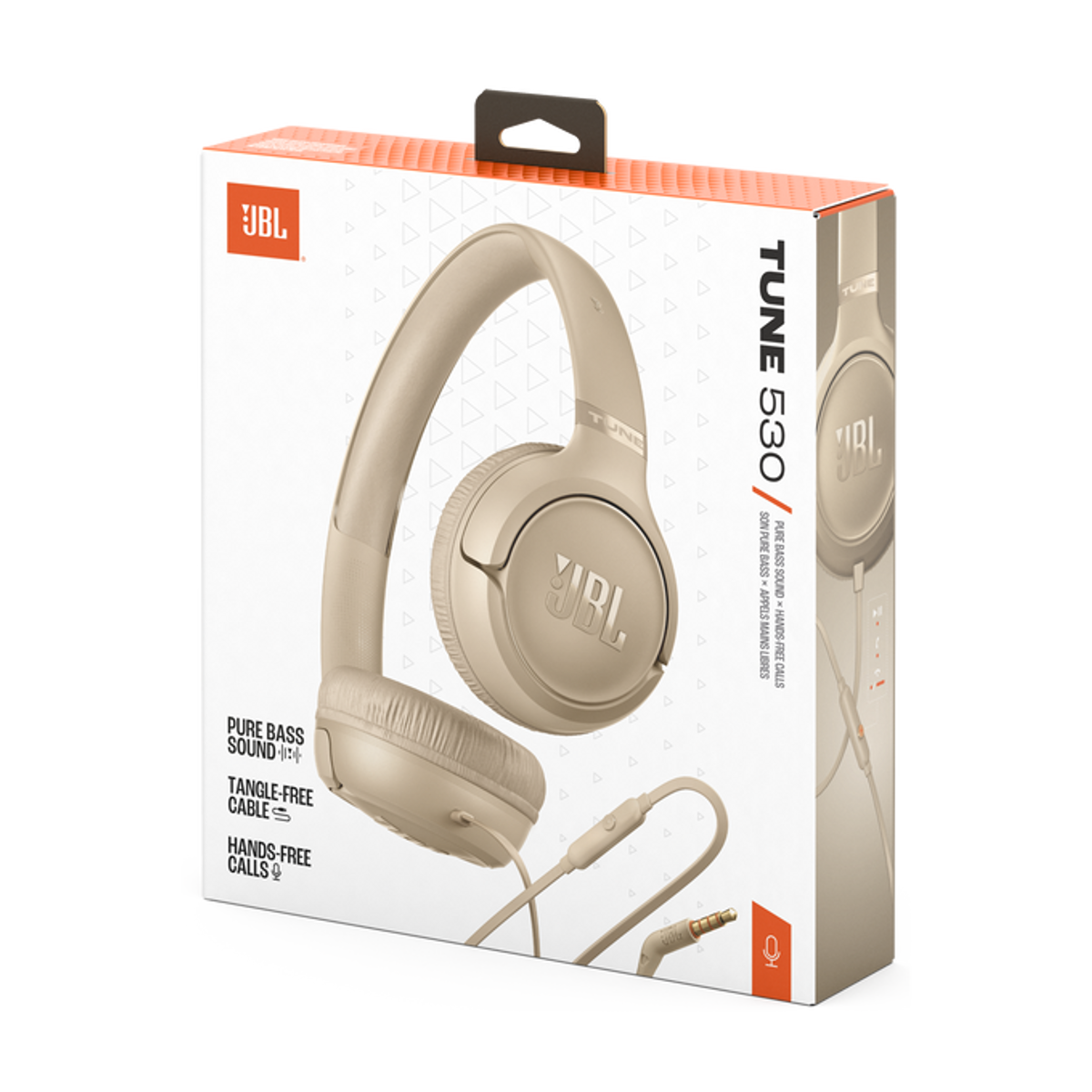 Cuffie JBL Tune 530 beige con cavo e microfono sulla confezione.