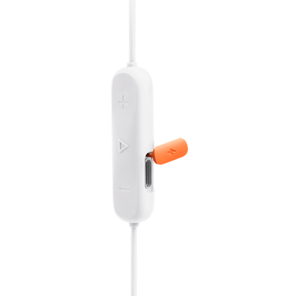 Control remoto blanco con deslizador y botones naranjas.