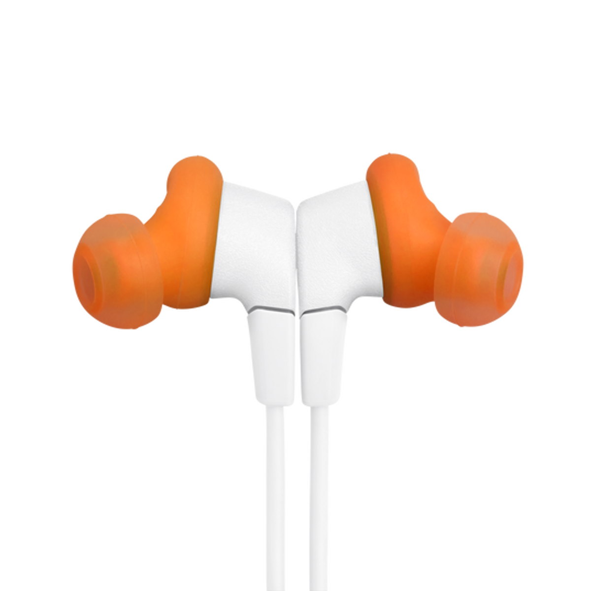 Zwei weiße In-Ear-Kopfhörer mit orangefarbenen Ohrstöpseln auf schwarzem Hintergrund.