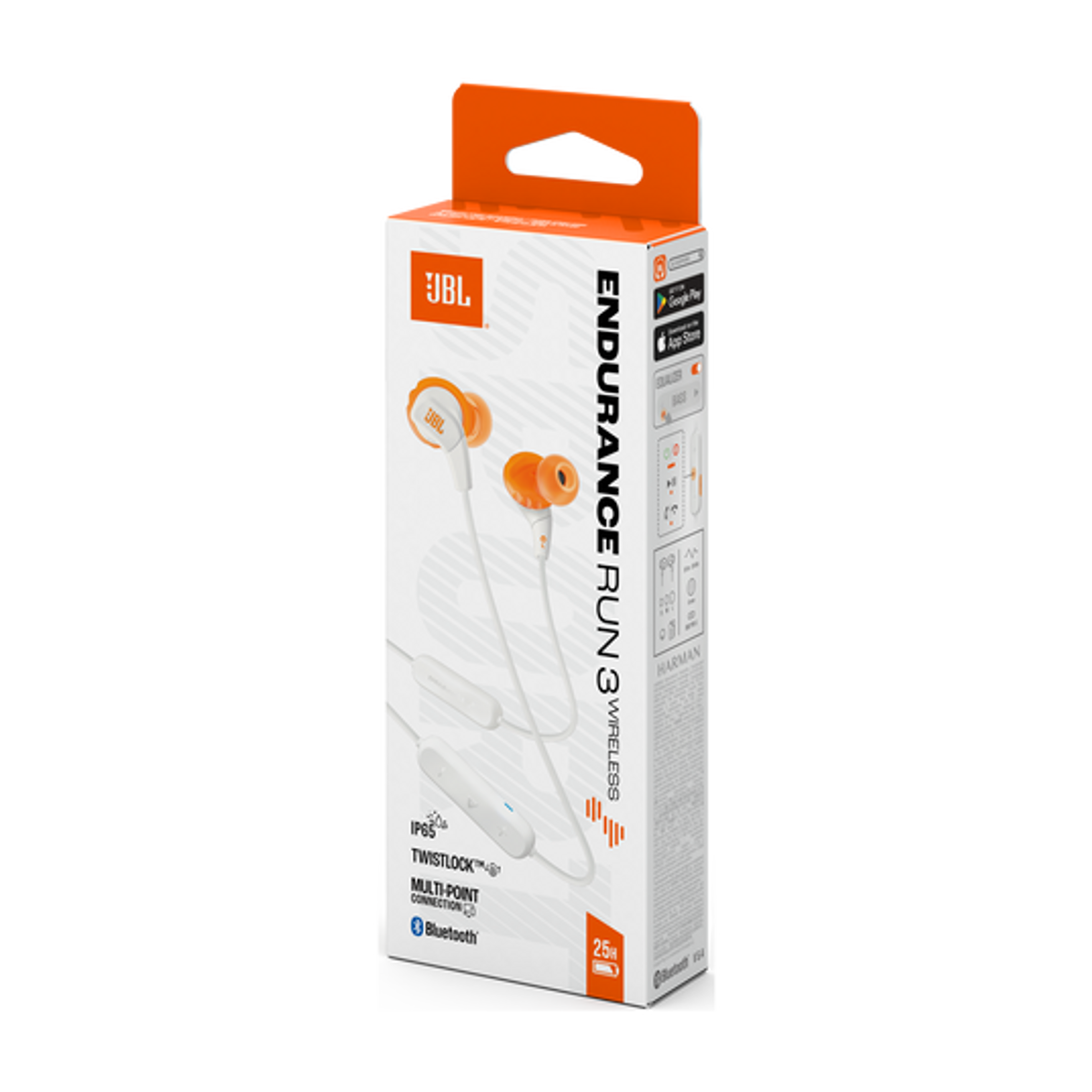 Embalaje de auriculares inalámbricos JBL Endurance Run 3 en blanco y naranja.