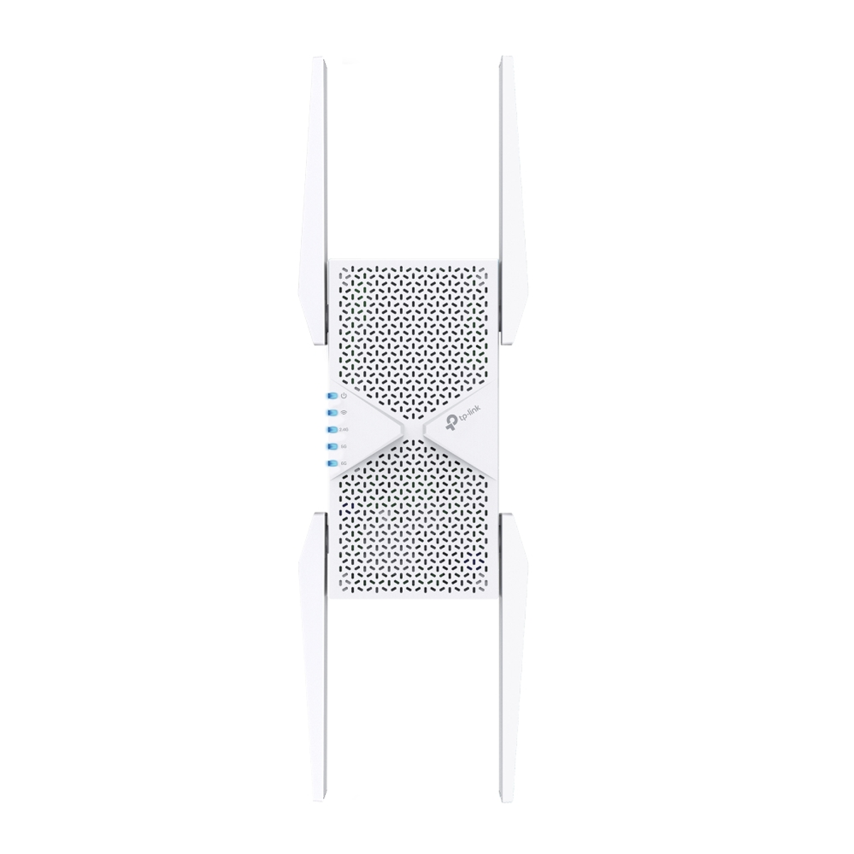 Weißer TP-Link Router mit Antennen, Gittermuster und blauen LED-Lichtern.