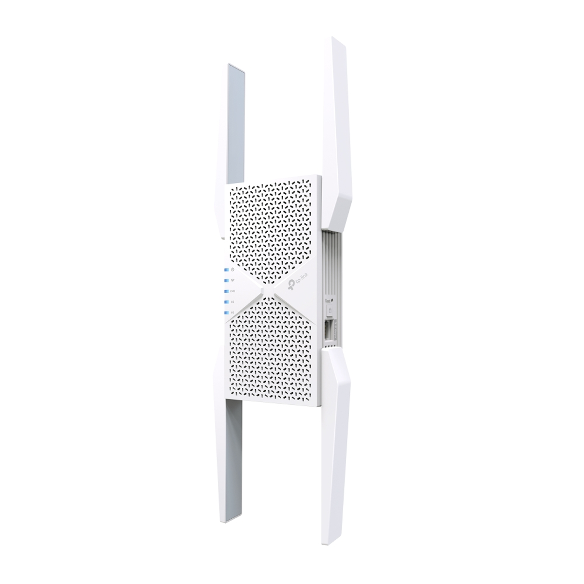 Ein weißer TP-Link WLAN-Router mit Antennen steht auf weißem Hintergrund.