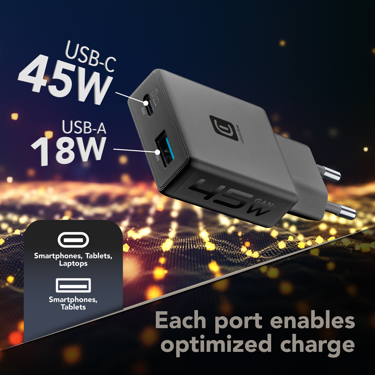 Grauer USB-C/USB-A Ladestecker mit 45W und 18W, mit Lichter-Hintergrund.