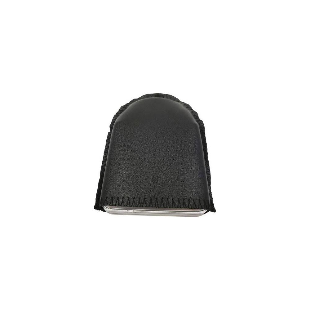 Pochette en cuir noir avec un smartphone visible en bas à l'intérieur.