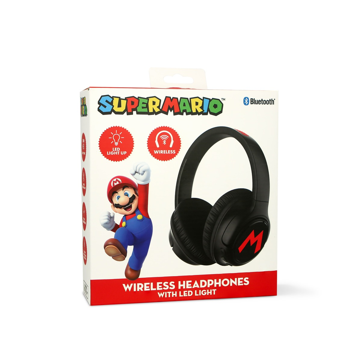 Super Mario koptelefoon verpakking met Mario figuur, Bluetooth-icoon en LED-indicator.