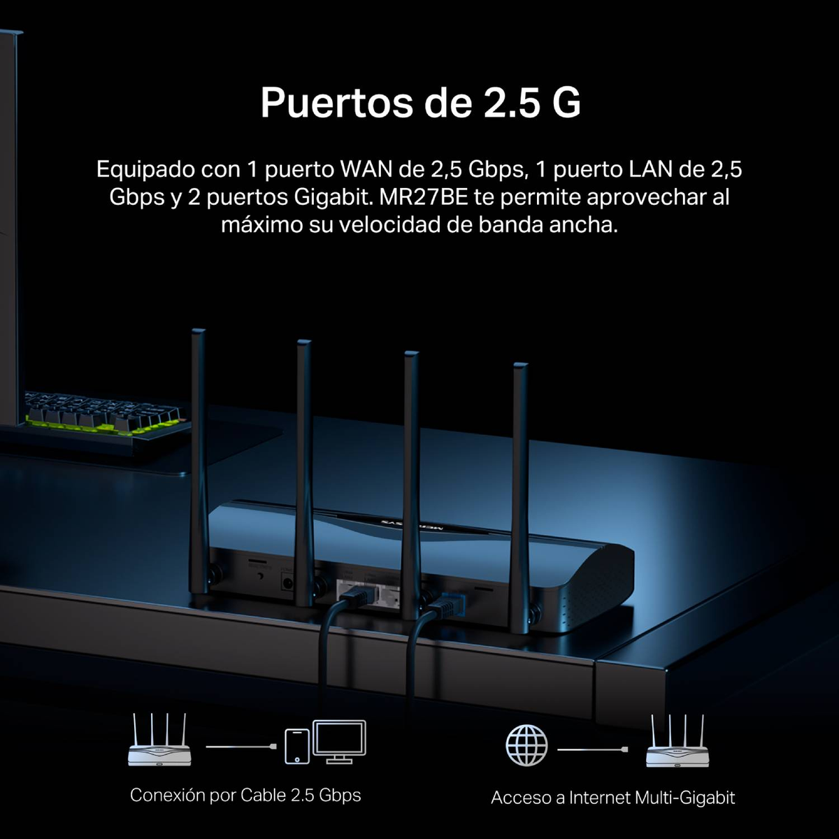 Router mit 2,5-Gbit/s-Anschlüssen, Tastatur und Monitor im Hintergrund.