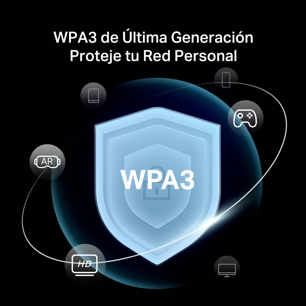 Ein hellblaues Schild mit WPA3 und einem Schloss. Umgeben von Symbolen: AR, HD, Handy, Spielecontroller, PC.