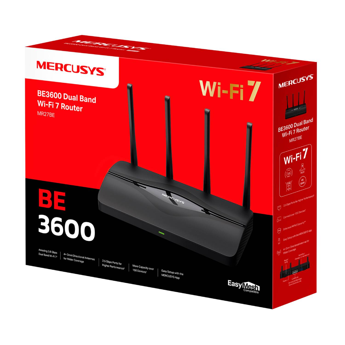 Ein schwarzer MERCUSYS BE3600 Wi-Fi 7 Router mit vier Antennen auf einer roten Verpackung.