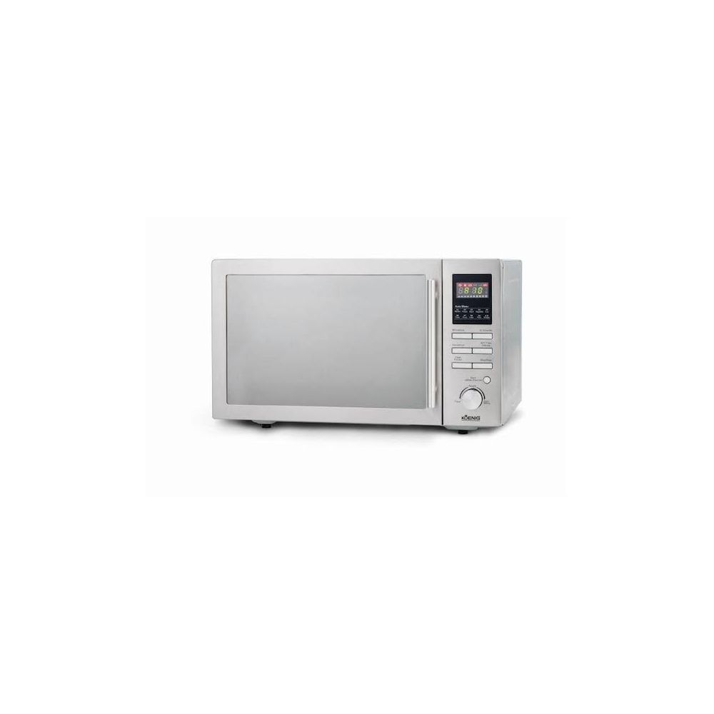 Un four à micro-ondes argenté avec écran numérique et panneau de commande.