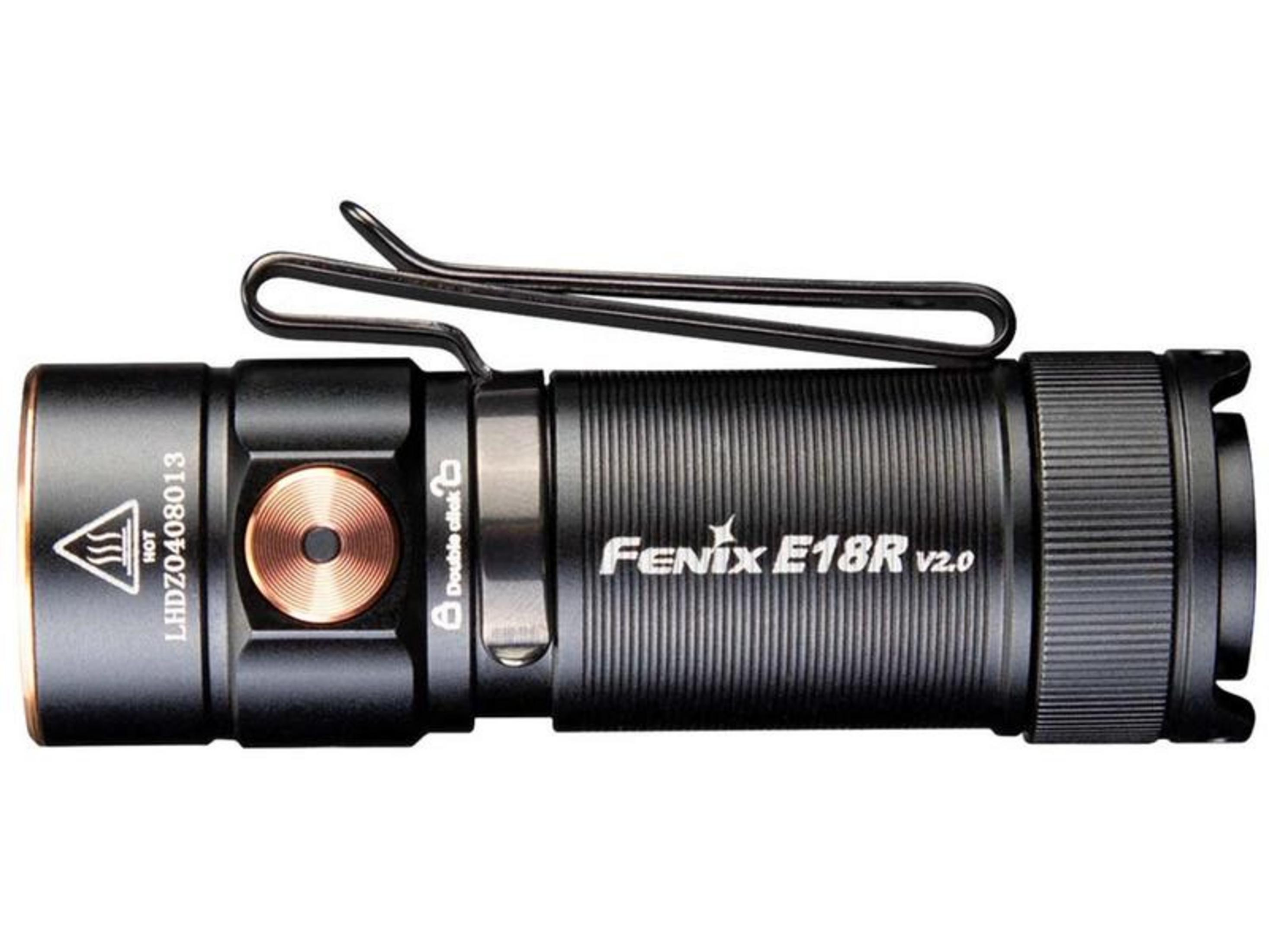 Lampe de poche noire avec clip et accents de cuivre, Fenix E18R v2.0.