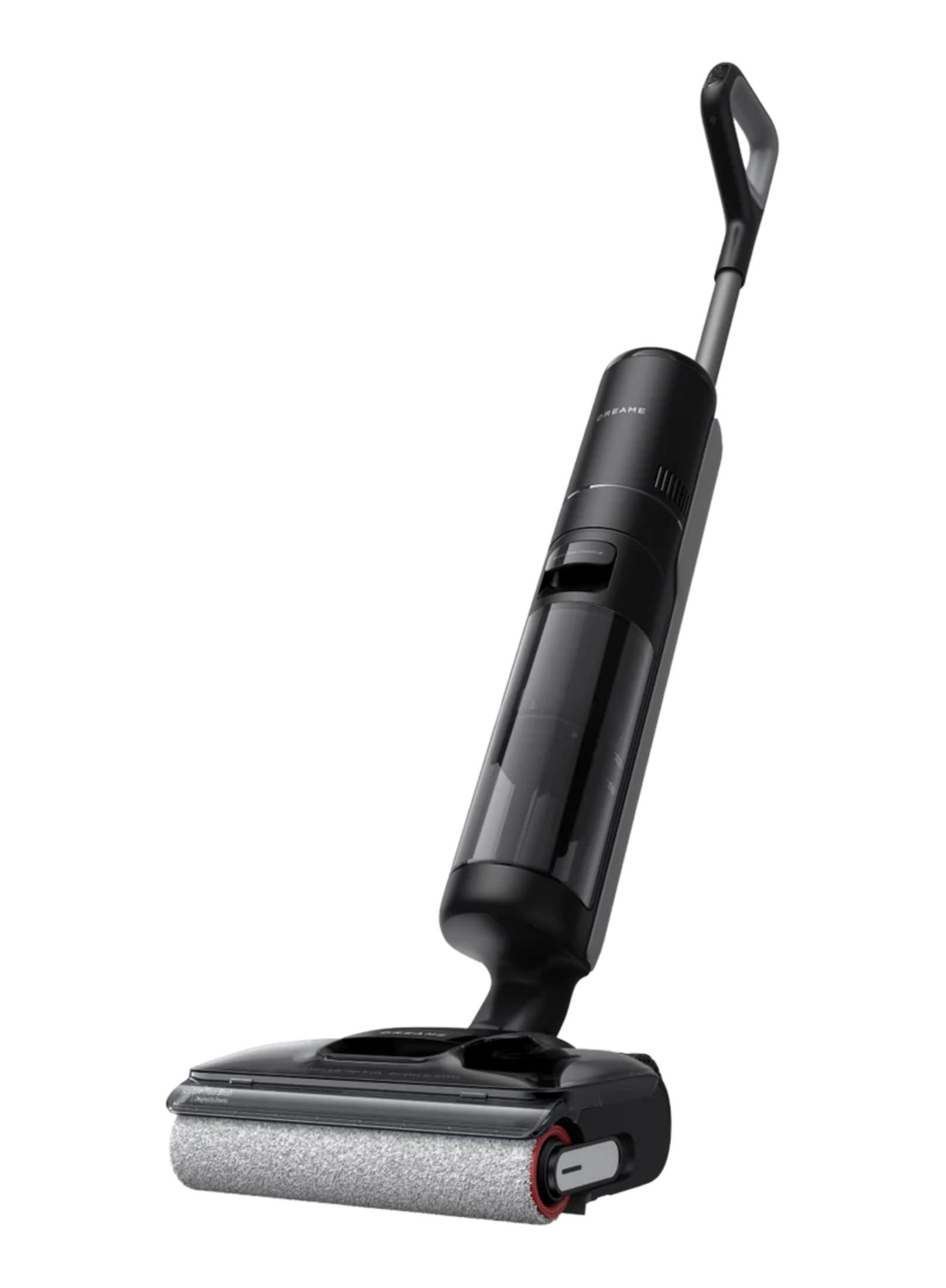 Pulitore per pavimenti cordless nero con spazzola a rullo e contenitore sporco trasparente.