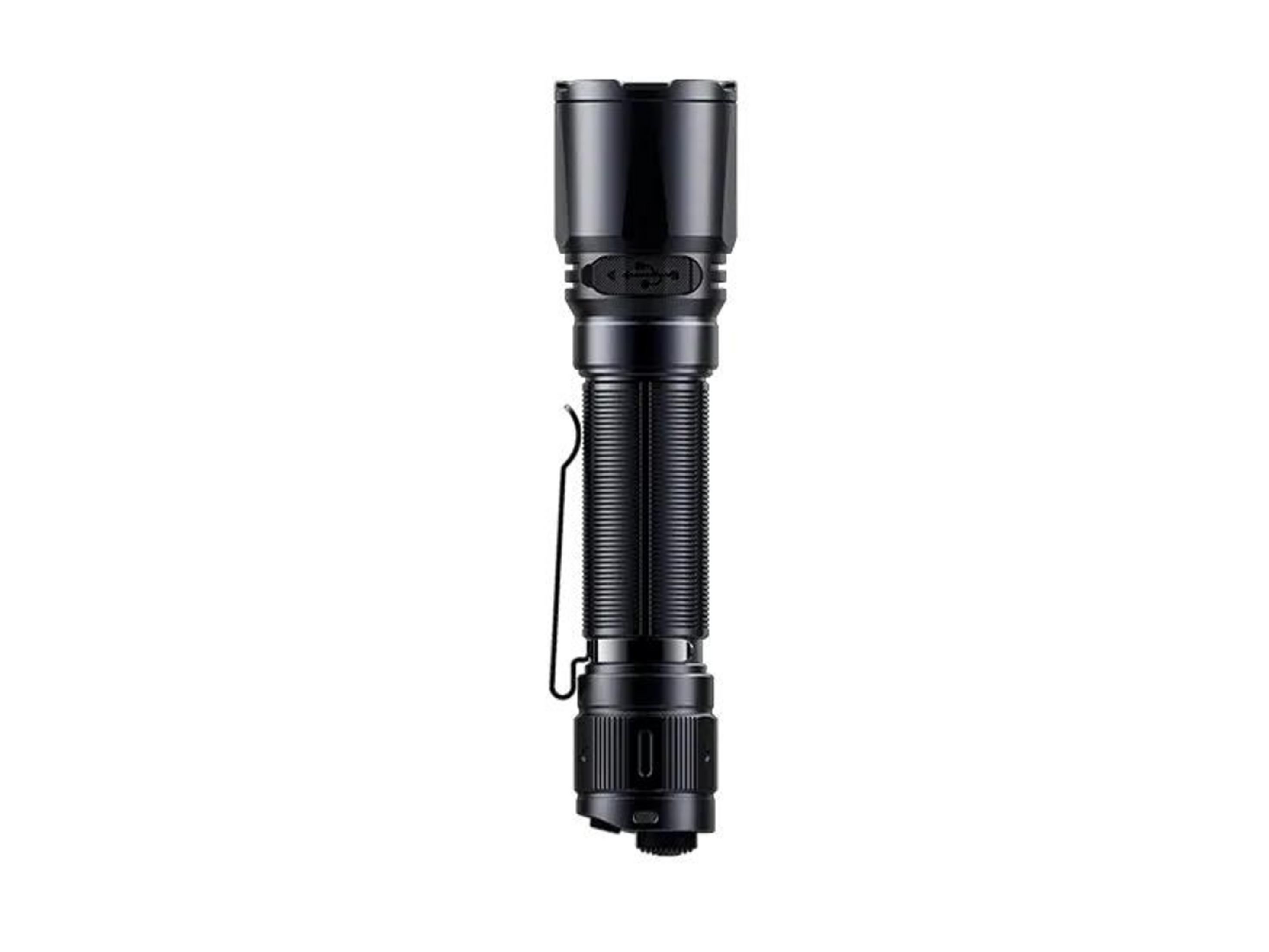 Lampe de poche noire avec poignée côtelée et clip.